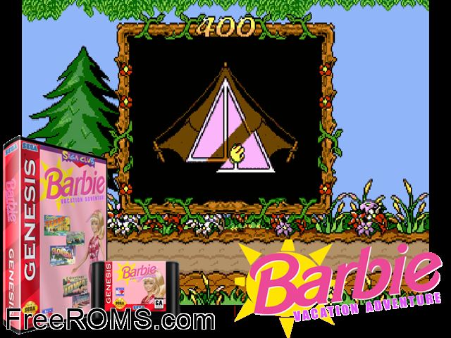 Barbie Vacation Adventure Genesis game showing 3D box cover and gameplay screenshot