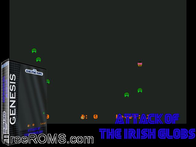BasiEgaXorz - Attack of the Irish Globs by DevSter (Public Domain) Genesis game showing 3D box cover and gameplay screenshot