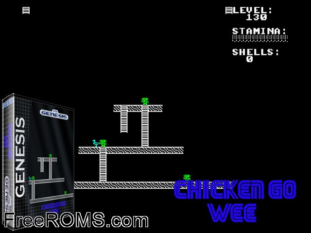 BasiEgaXorz - Chicken Go Wee! by DevSter (Public Domain) Genesis game showing 3D box cover and gameplay screenshot
