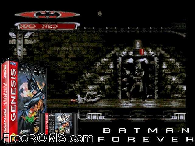 Batman Forever Genesis game showing 3D box cover and gameplay screenshot