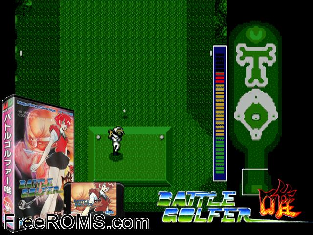 Battle Golfer Yui Jap Genesis game showing 3D box cover and gameplay screenshot