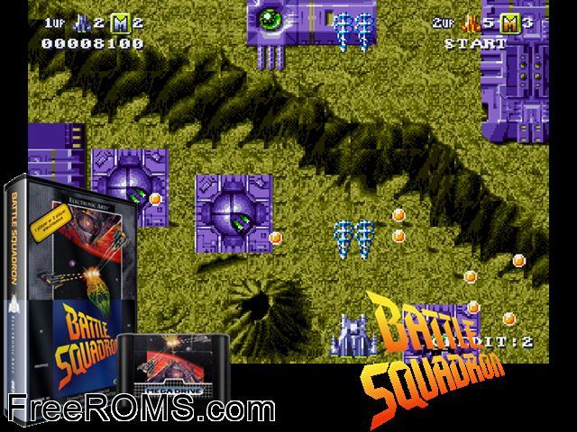 Battle Squadron Genesis game showing 3D box cover and gameplay screenshot