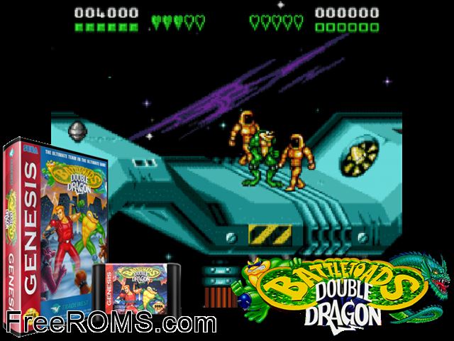 Battletoads and Double Dragon Music Trax (Public Domain) Genesis game showing 3D box cover and gameplay screenshot