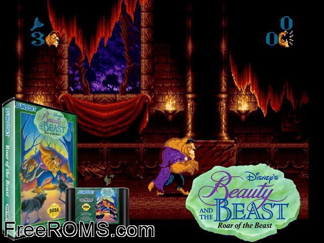 Beauty and the Beast: Roar Genesis game showing 3D box cover and gameplay screenshot