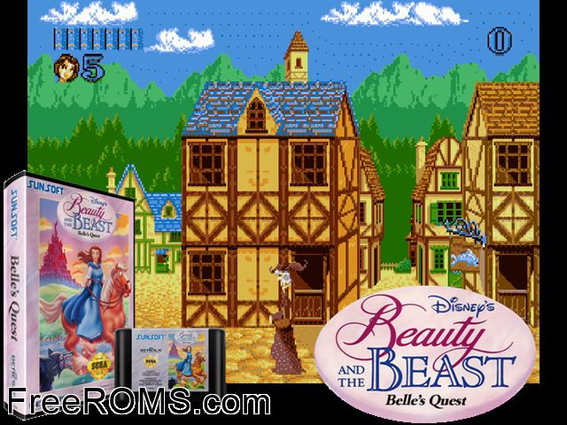 Beauty and the Beast: Belles Quest Genesis game showing 3D box cover and gameplay screenshot