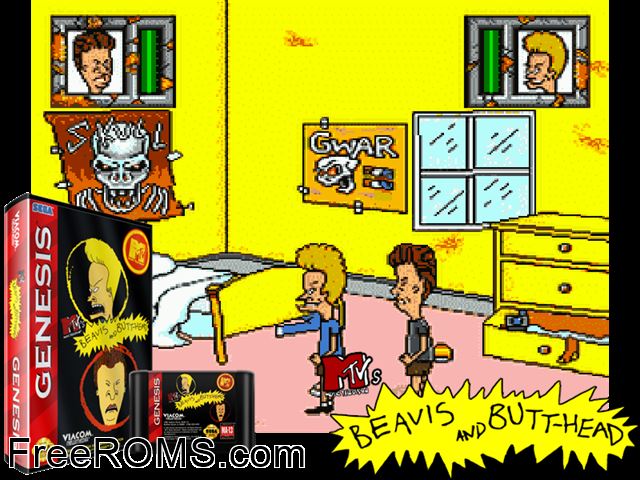Beavis and Butt-Head Genesis game showing 3D box cover and gameplay screenshot