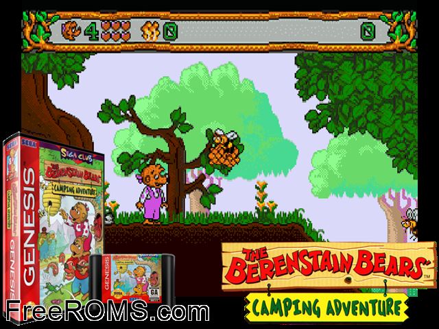 Berenstain Bears', The - Camping Adventure Genesis game showing 3D box cover and gameplay screenshot