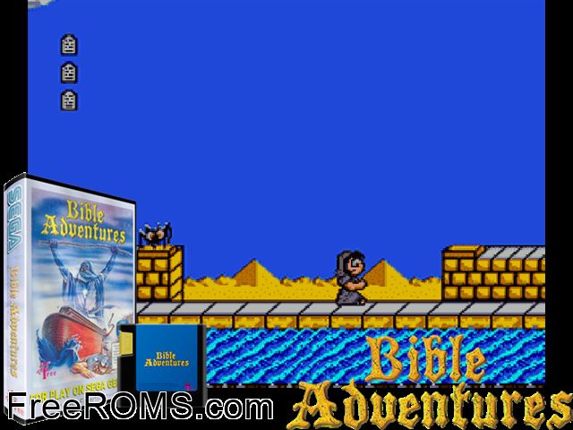 Bible Adventures Genesis game showing 3D box cover and gameplay screenshot