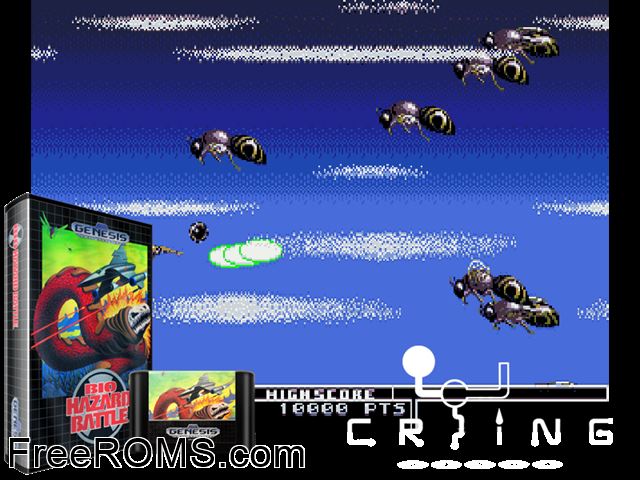 Bio-Hazard Battle Genesis game showing 3D box cover and gameplay screenshot