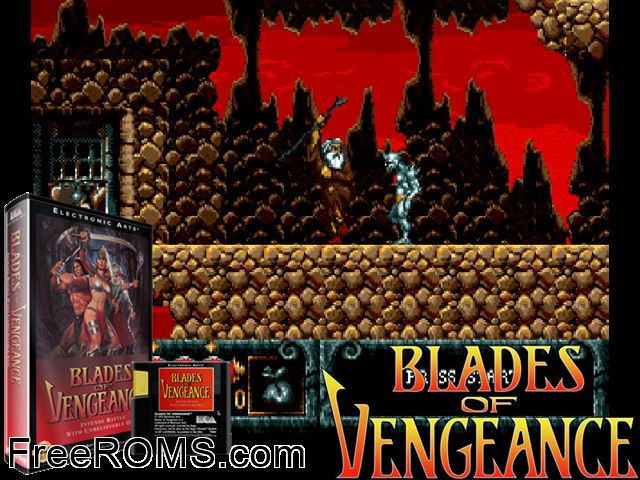 Blades of Vengeance Genesis game showing 3D box cover and gameplay screenshot