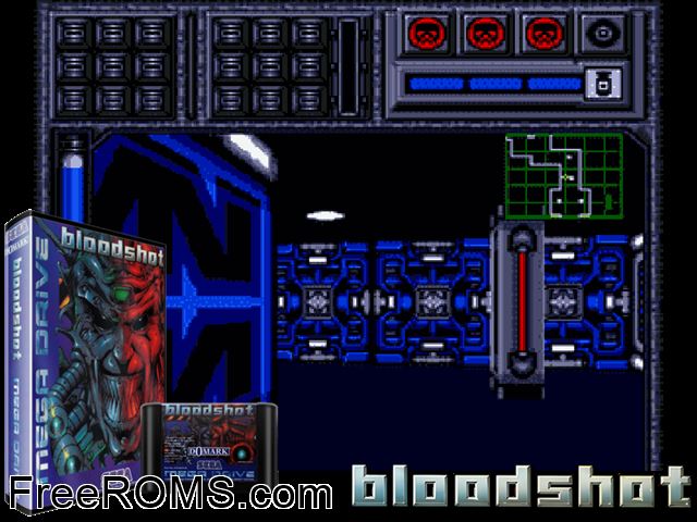 Blood Shot Genesis game showing 3D box cover and gameplay screenshot