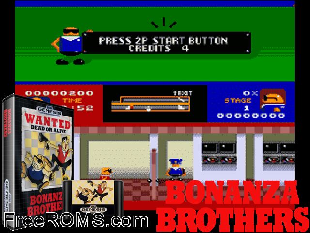 Bonanza Bros Genesis game showing 3D box cover and gameplay screenshot