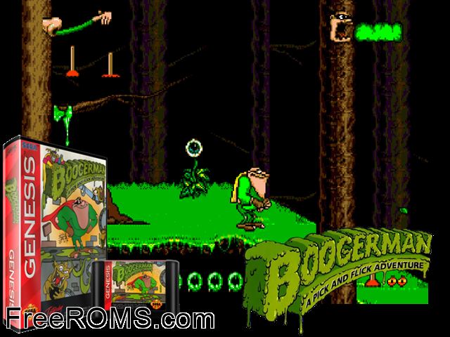 Boogerman Genesis game showing 3D box cover and gameplay screenshot