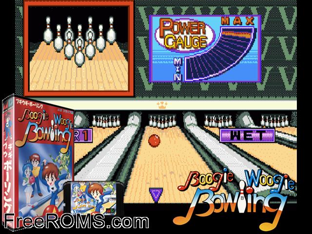 Boogie Woogie Bowling (Japan) Genesis game showing 3D box cover and gameplay screenshot