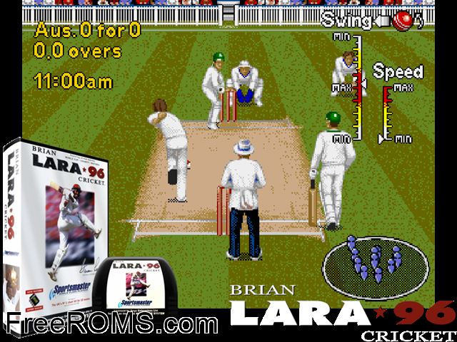 Brian Lara Cricket 96 Genesis game showing 3D box cover and gameplay screenshot