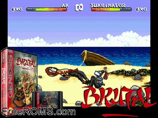 Brutal Paws of Fury Genesis game showing 3D box cover and gameplay screenshot