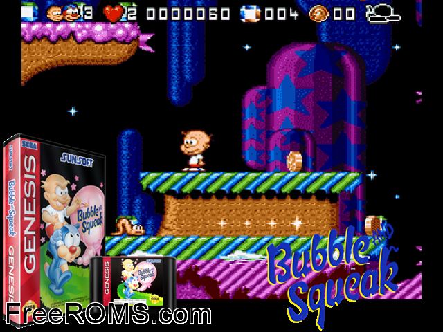 Bubble and Squeak Genesis game showing 3D box cover and gameplay screenshot