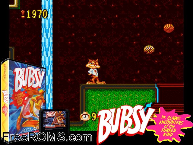 Bubsy Genesis game showing 3D box cover and gameplay screenshot