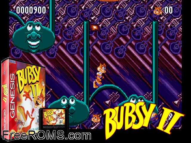 Bubsy II Genesis game showing 3D box cover and gameplay screenshot
