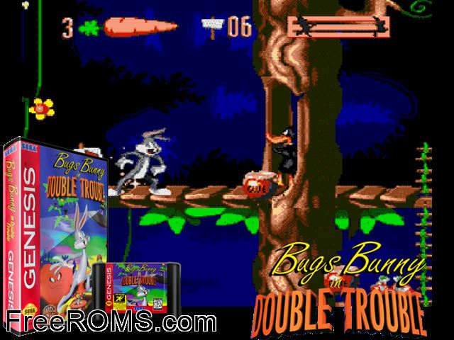 Bugs Bunny in Double Trouble Genesis game showing 3D box cover and gameplay screenshot