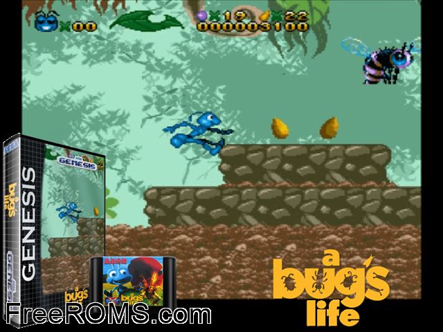 Bug's Life, A Genesis game showing 3D box cover and gameplay screenshot