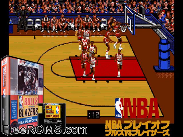 Bulls vs Blazers and the NBA Playoffs Genesis game showing 3D box cover and gameplay screenshot