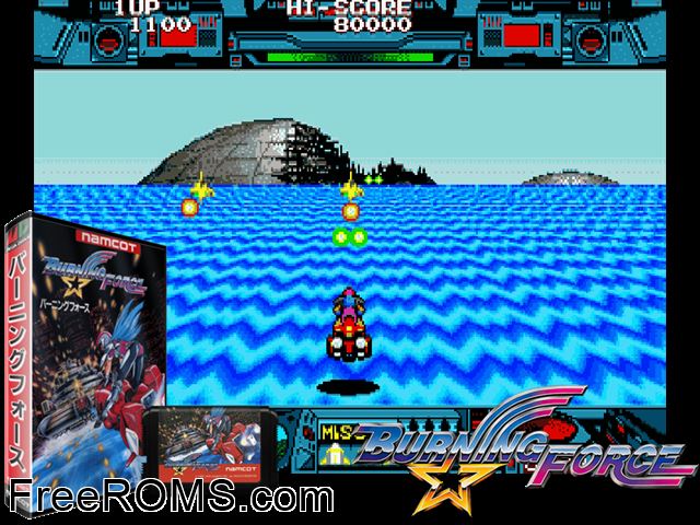 Burning Force (Japan) Genesis game showing 3D box cover and gameplay screenshot