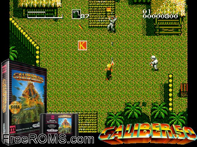 Caliber Fifty Genesis game showing 3D box cover and gameplay screenshot