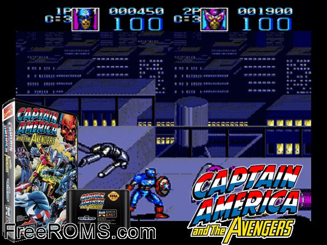 Captain America and Avengers Genesis game showing 3D box cover and gameplay screenshot