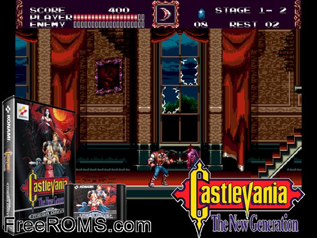 Castlevania - The Neweration (Beta) .gen Genesis game showing 3D box cover and gameplay screenshot