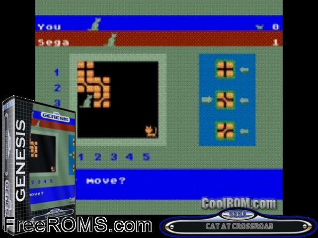 Cat at Crossroad by Ventzislav Tzvetkov (Public Domain) Genesis game showing 3D box cover and gameplay screenshot