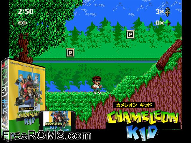 Chameleon Kid (Japan) Genesis game showing 3D box cover and gameplay screenshot