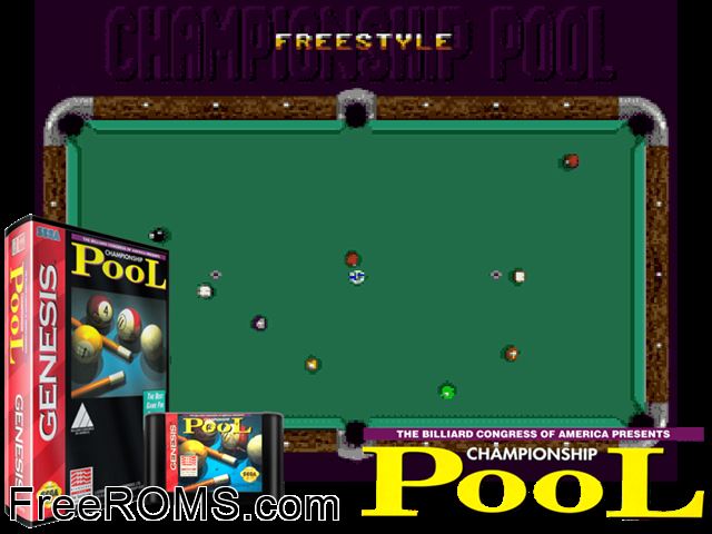 Championship Pool Genesis game showing 3D box cover and gameplay screenshot