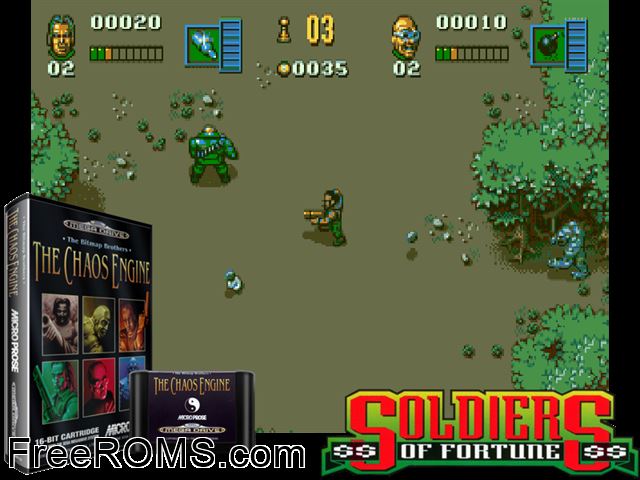 Chaos Engine Genesis game showing 3D box cover and gameplay screenshot