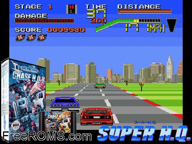 Chase H.Q.II Genesis game showing 3D box cover and gameplay screenshot