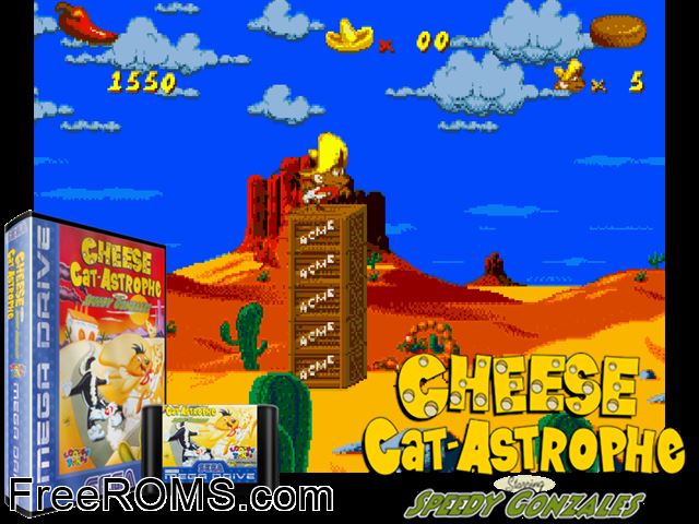 Cheese Cat-Astrophe Starring Speedy Gonzales Genesis game showing 3D box cover and gameplay screenshot