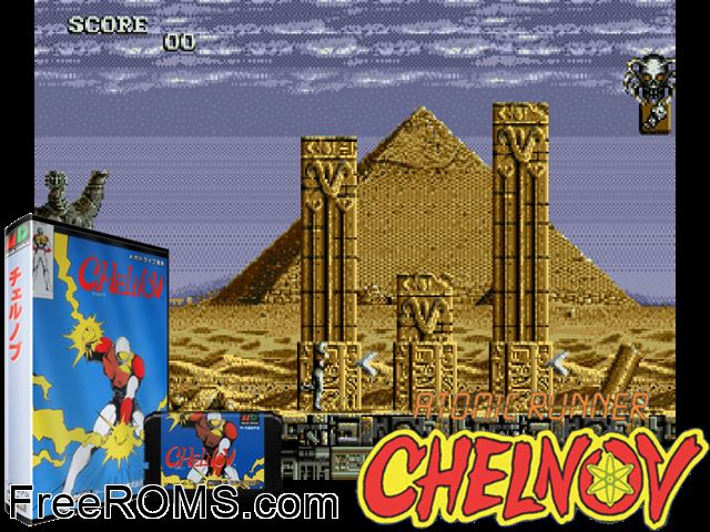 Chelnov (Japan) Genesis game showing 3D box cover and gameplay screenshot