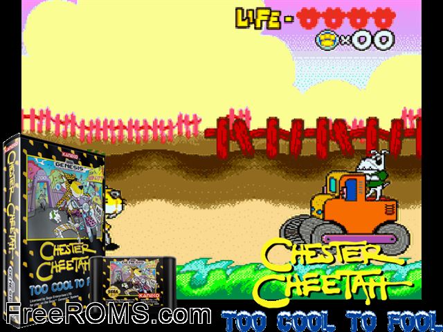Chester Cheetah Genesis game showing 3D box cover and gameplay screenshot