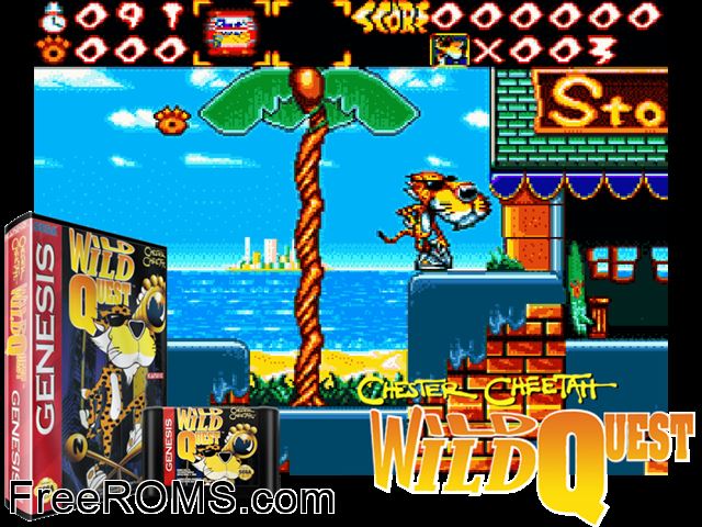 Chester Cheetah Wild Wild Quest Genesis game showing 3D box cover and gameplay screenshot