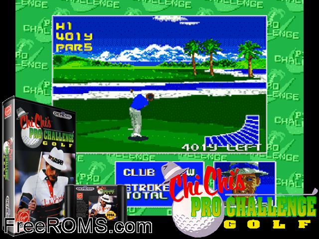 Chi Chi's Pro Challenge Genesis game showing 3D box cover and gameplay screenshot