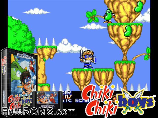 Chiki Chiki Boys Genesis game showing 3D box cover and gameplay screenshot