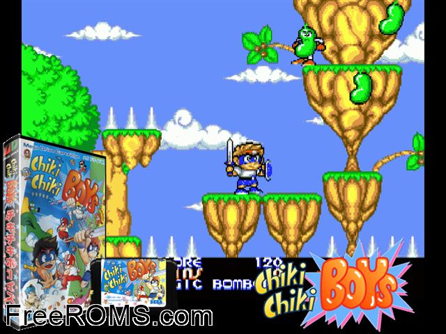 Chiki Chiki Boys Jap Genesis game showing 3D box cover and gameplay screenshot