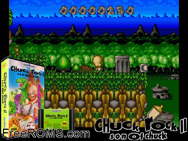 Chuck II Genesis game showing 3D box cover and gameplay screenshot