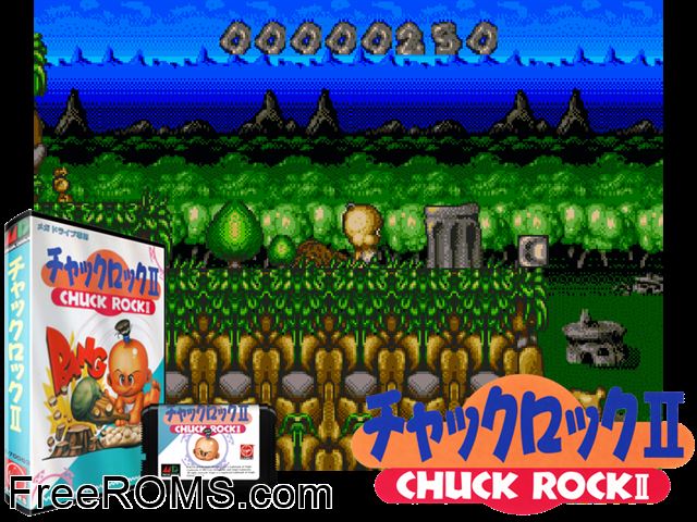 Chuck II - Son of Chuck (Japan) Genesis game showing 3D box cover and gameplay screenshot