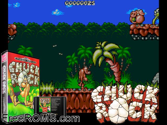 Chuck Rock Genesis game showing 3D box cover and gameplay screenshot