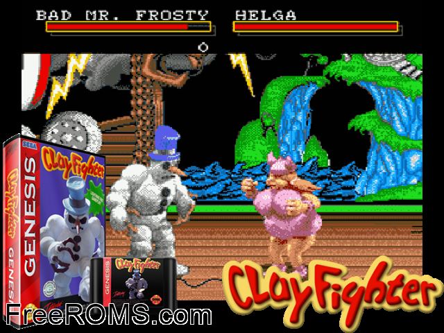 ClayFighter Genesis game showing 3D box cover and gameplay screenshot