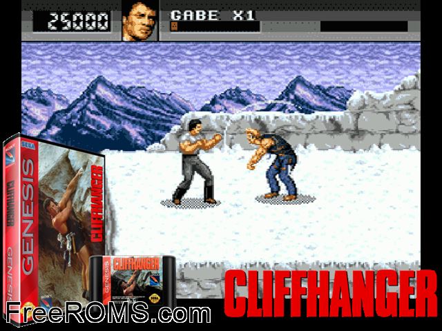 Cliffhanger Genesis game showing 3D box cover and gameplay screenshot