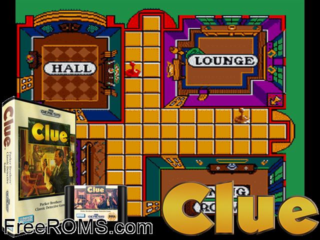 Clue Genesis game showing 3D box cover and gameplay screenshot