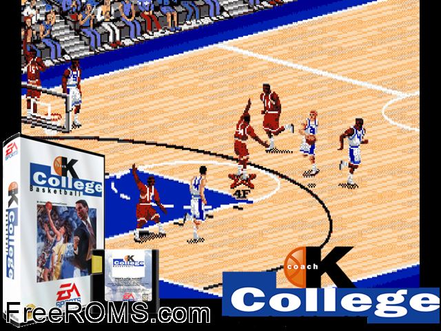 Coach K College Basketball Genesis game showing 3D box cover and gameplay screenshot