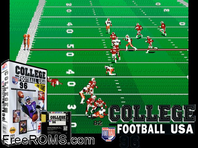College Football USA 96 Genesis game showing 3D box cover and gameplay screenshot
